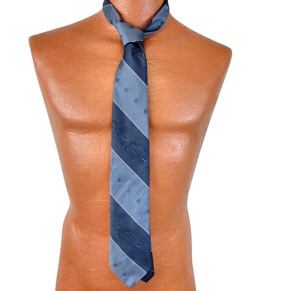 Vintage 70s Blue Silk Neck Tie Men Accessories Geometric Embroidered Formal Work - Picture 2 of 16